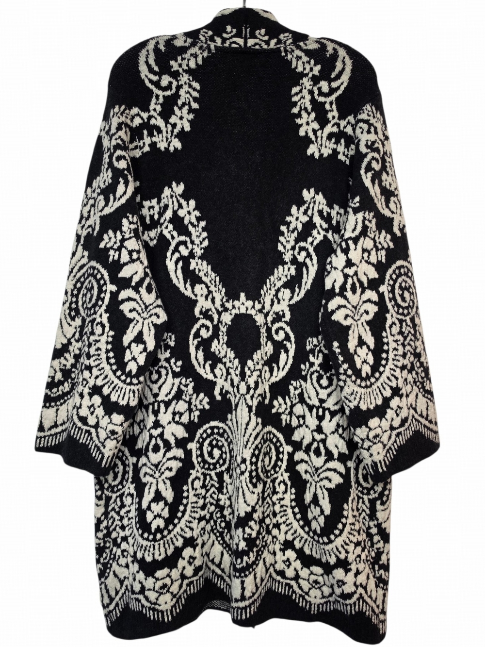 J.Jill Black Cream Paisley Jacquard Longline Open Front Cardigan Sweater M - Picture 10 of 14